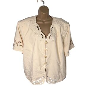 Vintage 80s Morgan Miller Embroidered Eyelet Jacket Cream Yellow 26W